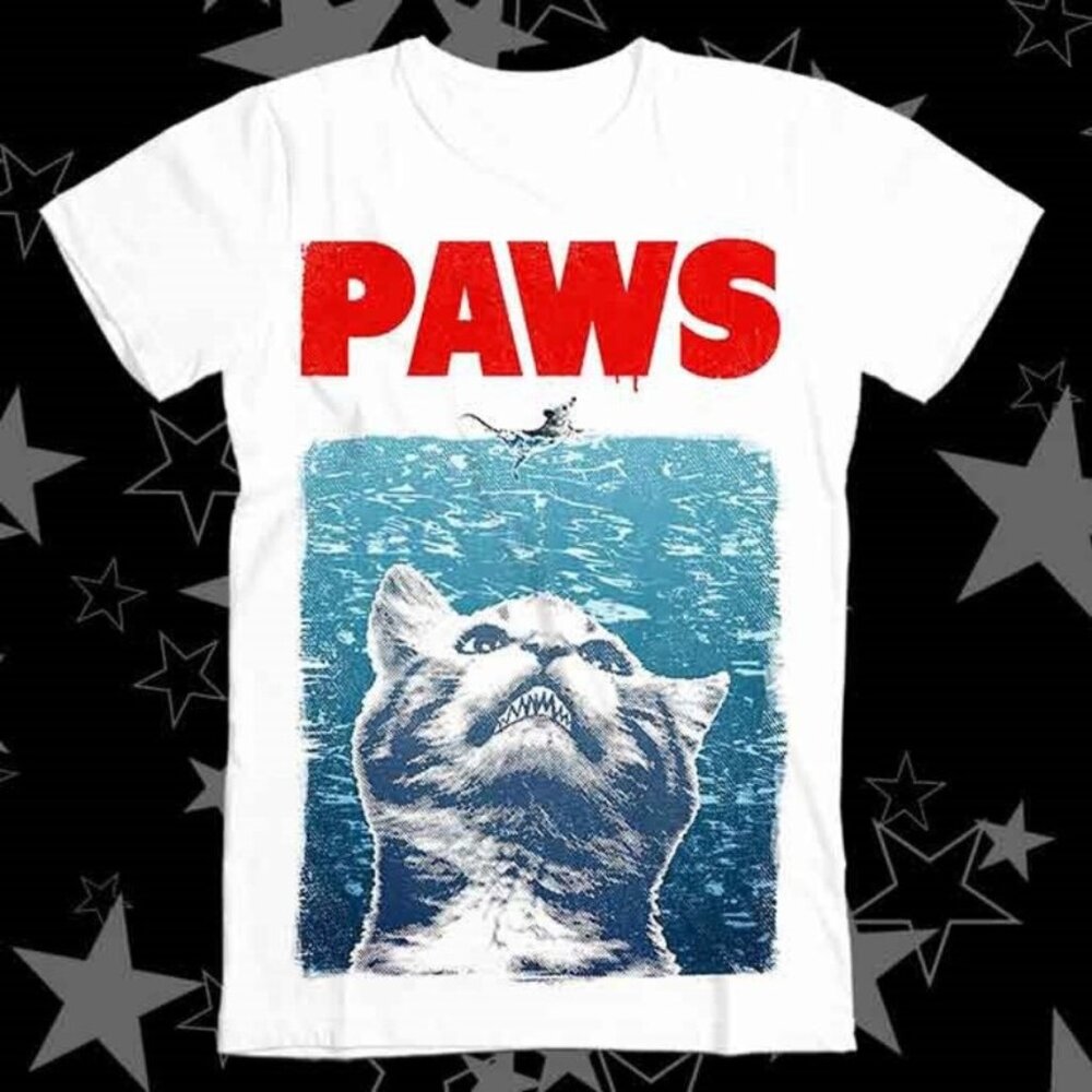 Paws Parody Cat Shark T-Shirt – Funny Vintage Movie Spoof Tee – Retro Ocean